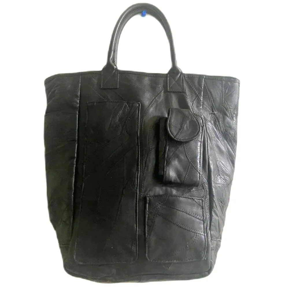 Vintage 90s Leather Patchwork Large Tote Bag Black Handbag Y2K Boho Carryall